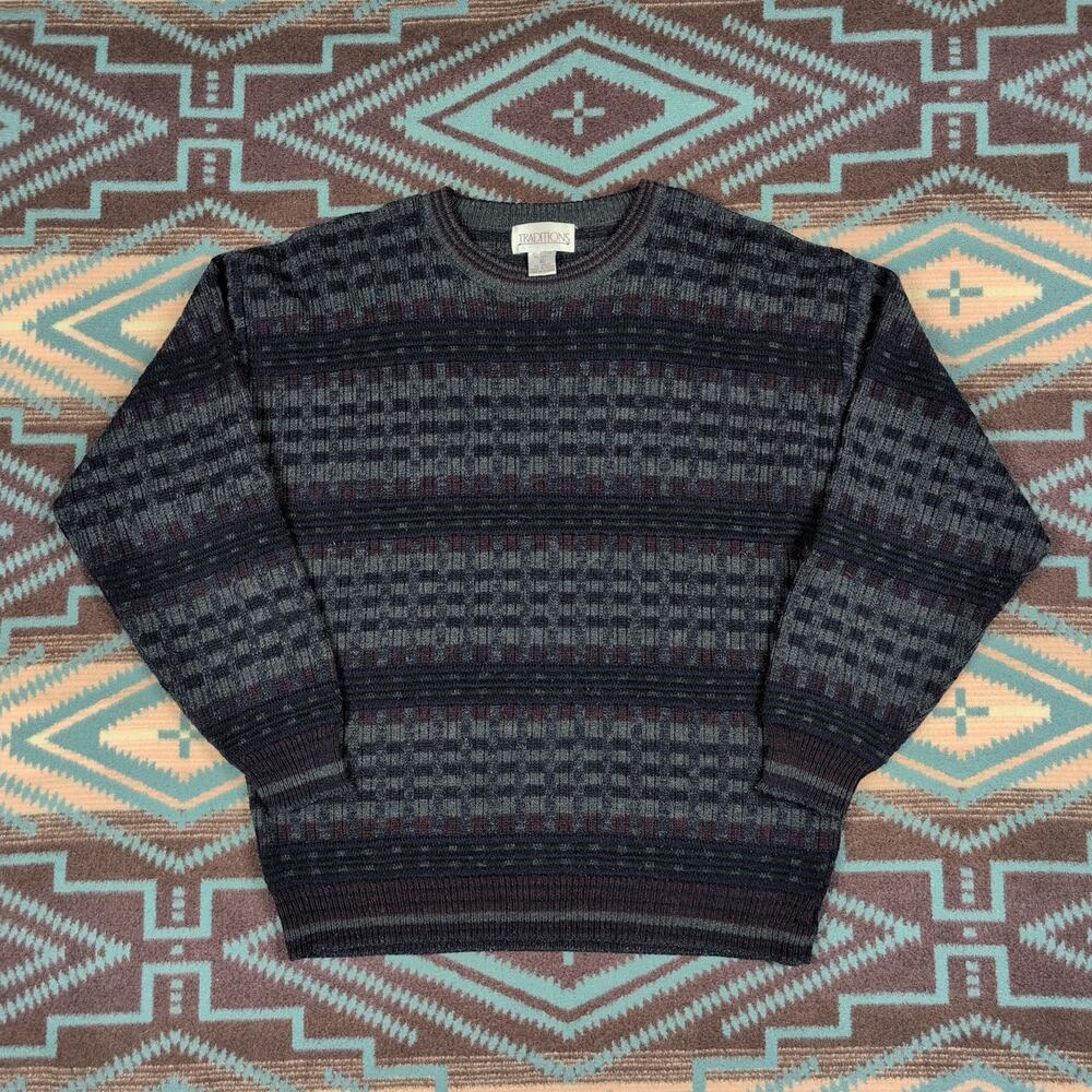 Vintage Traditions Men Large Grey Blue Striped Acrylic Wool Sweater Grandpa Knit